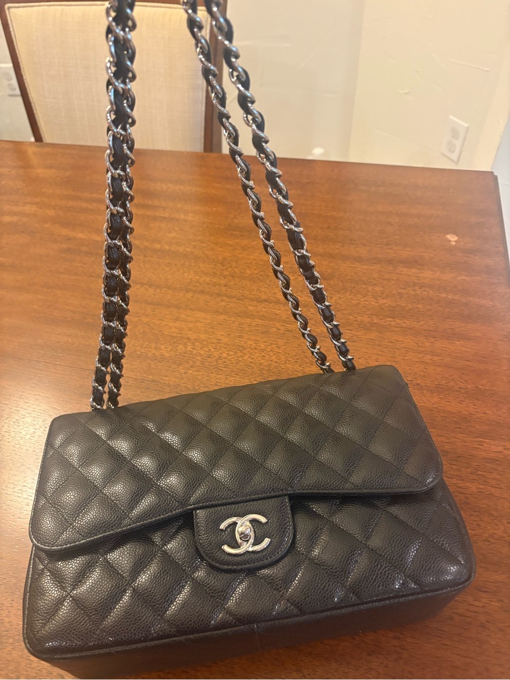 CHANEL Jumbo Black Quilted Double Flap Shoulder Bag with Silver Chain